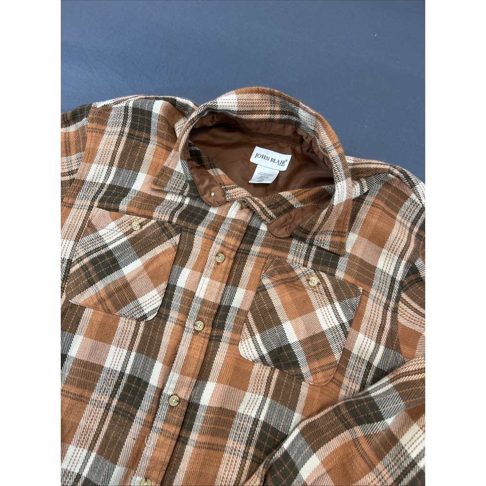 John Blair brand flannel shirt featuring a brown and orange plaid pattern Size L